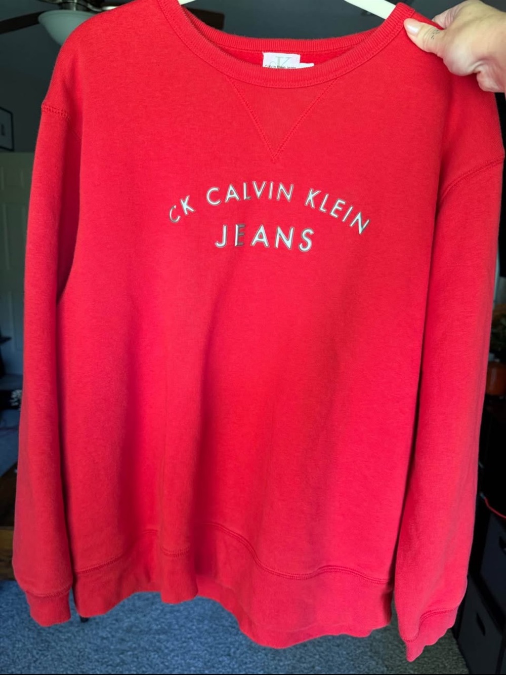 Vintage Calvin Klein Jeans Red Crewneck Sweatshirt with Embroidered Logo